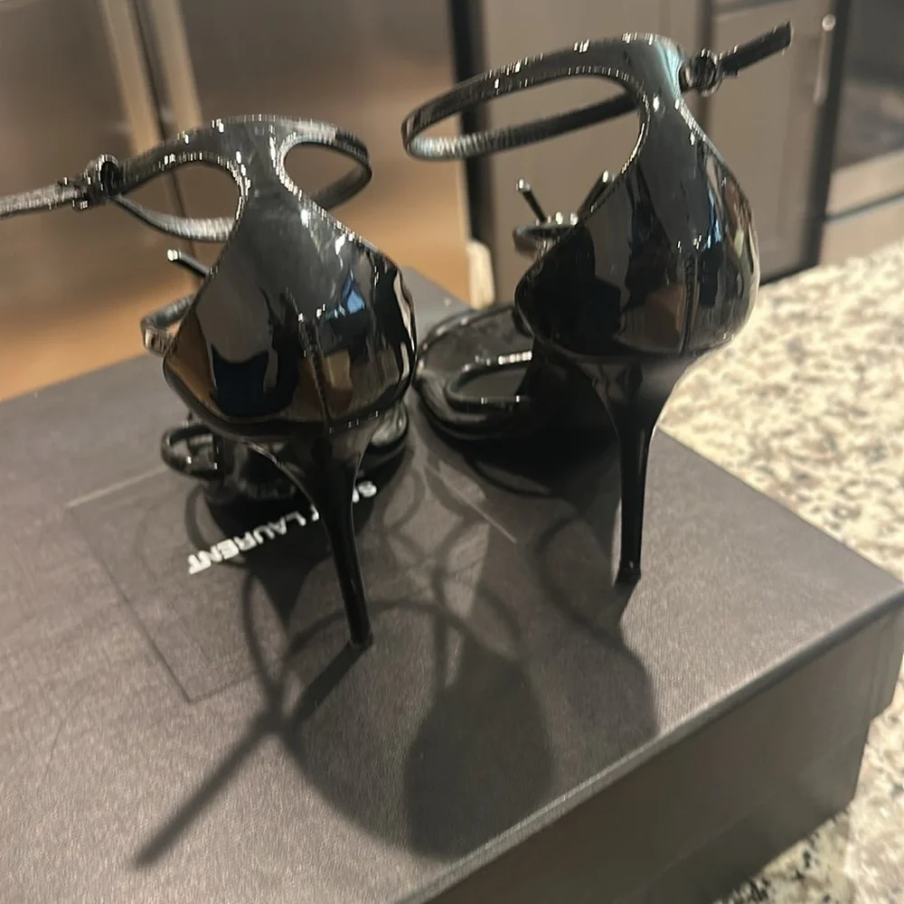 Saint Laurent Glossy Black Strappy Heels - Picture 15 of 17